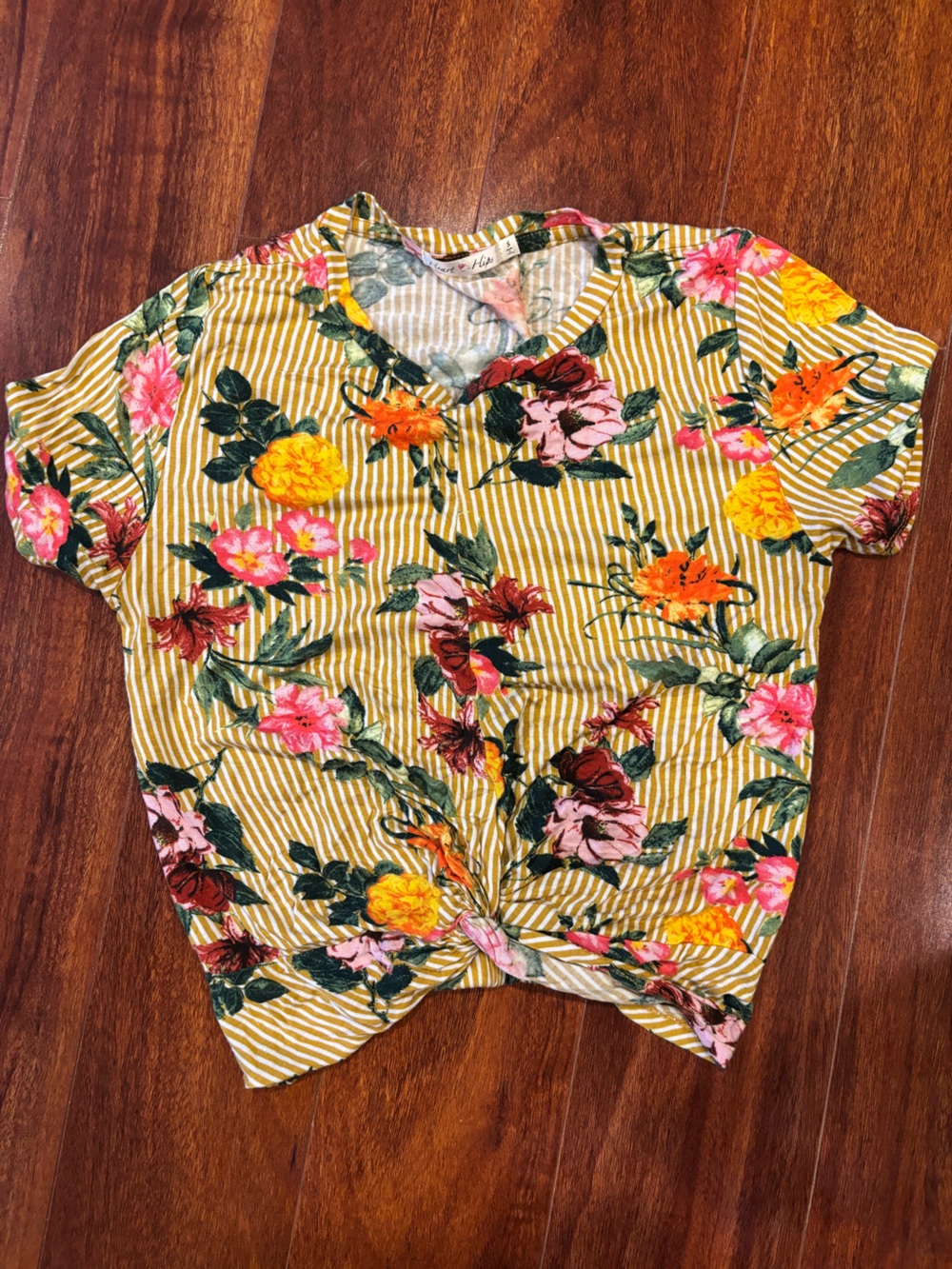 Heart Hips Yellow Striped Floral Twist-Front Top